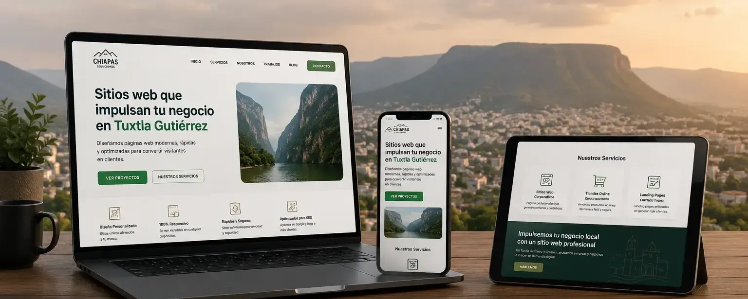 Sitio web responsive de Chiapas Soluciones en laptop, tablet y celular con paisaje del Cañón del Sumidero en Tuxtla Gutiérrez - diseño web DevActivo