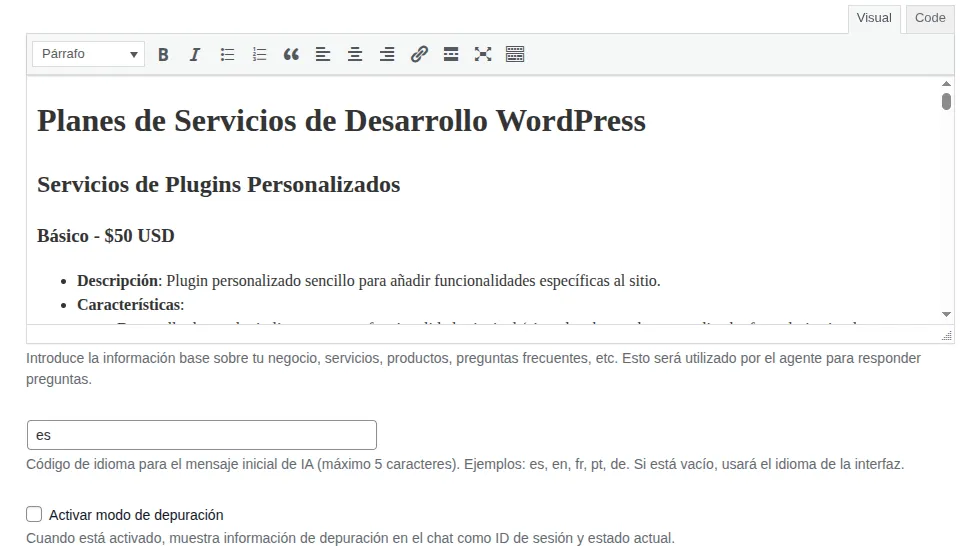 Pantalla 2 de Chatbot gratis con IA para WordPress: plugin de código abierto