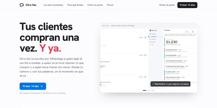 Proyecto: Página web para un producto de recuperación de carritos por WhatsApp (Página de producto · Otra Vez)