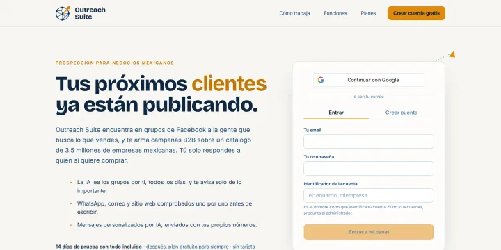 Proyecto: Sitio web para una plataforma de prospección B2B (Página de producto · Outreach Suite)