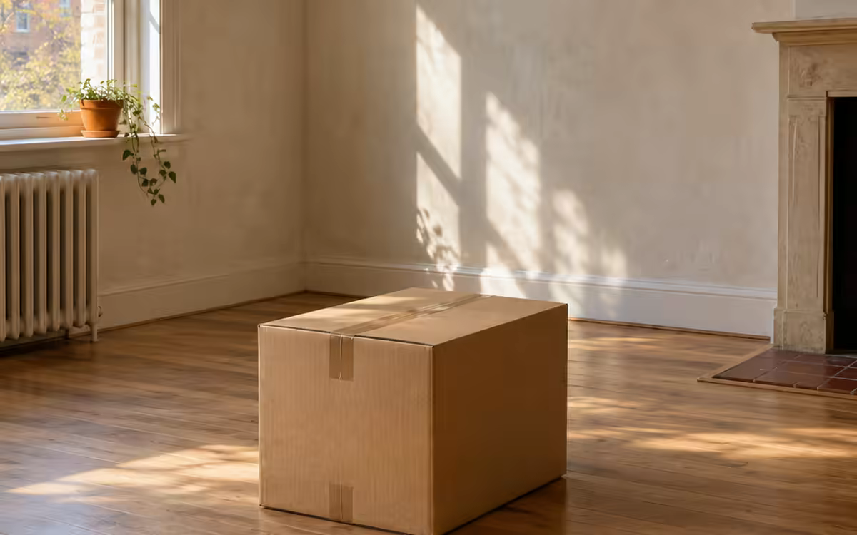 Una caja de mudanza sellada en el piso de una sala vacía